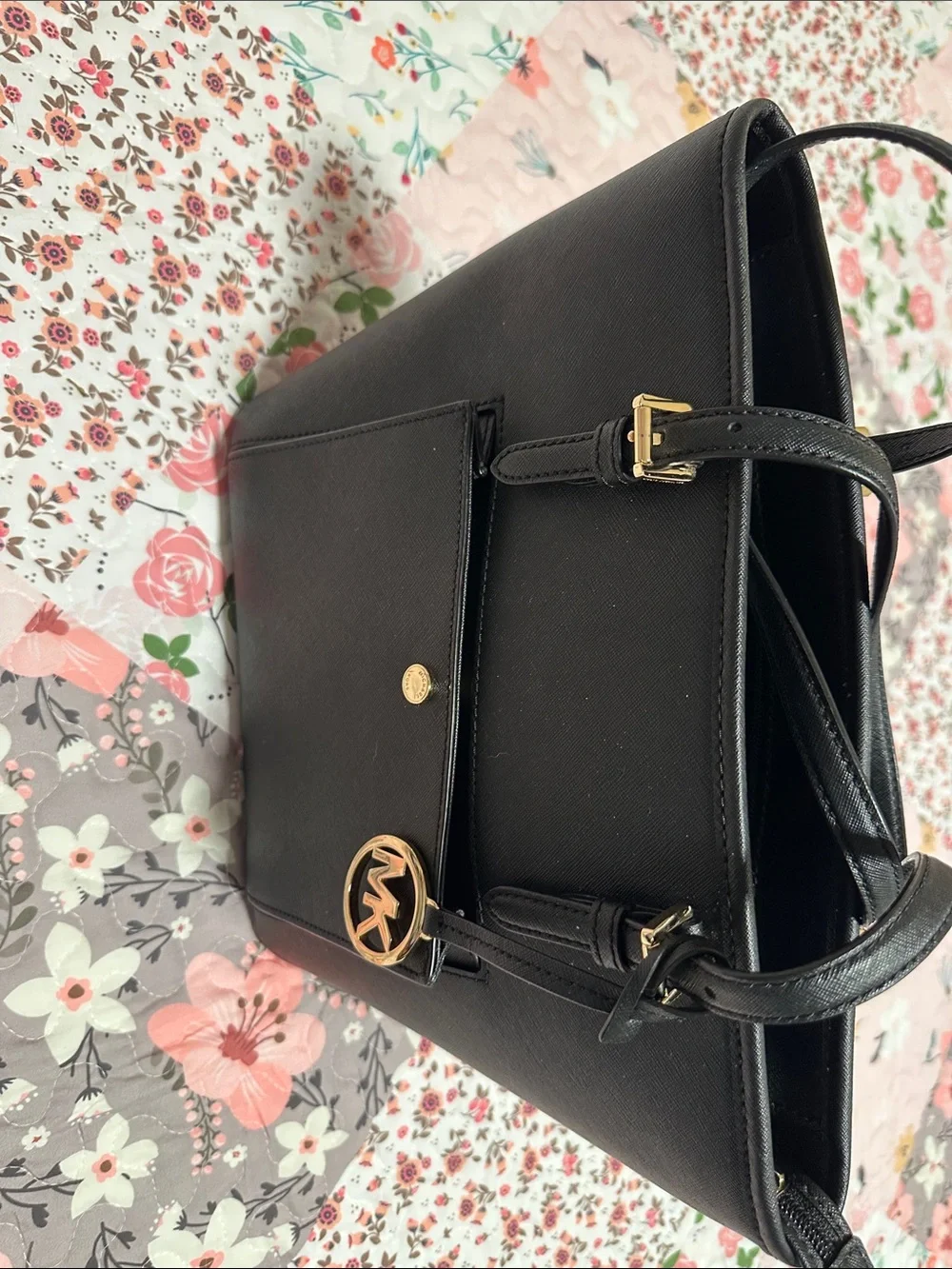 Michael Kors Black Saffiano Tote with Gold MK Accent